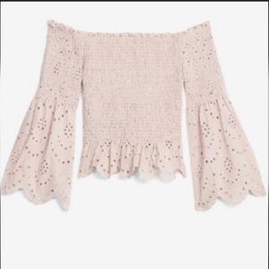 Express Smoky Mauve Pink Eyelet Off Shoulder Smocked Bell Sleeve Top